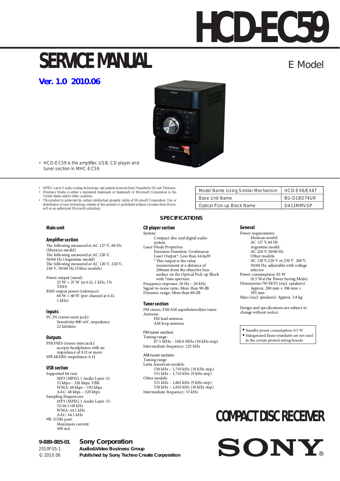 Sony HCD-EC59 Service Manual