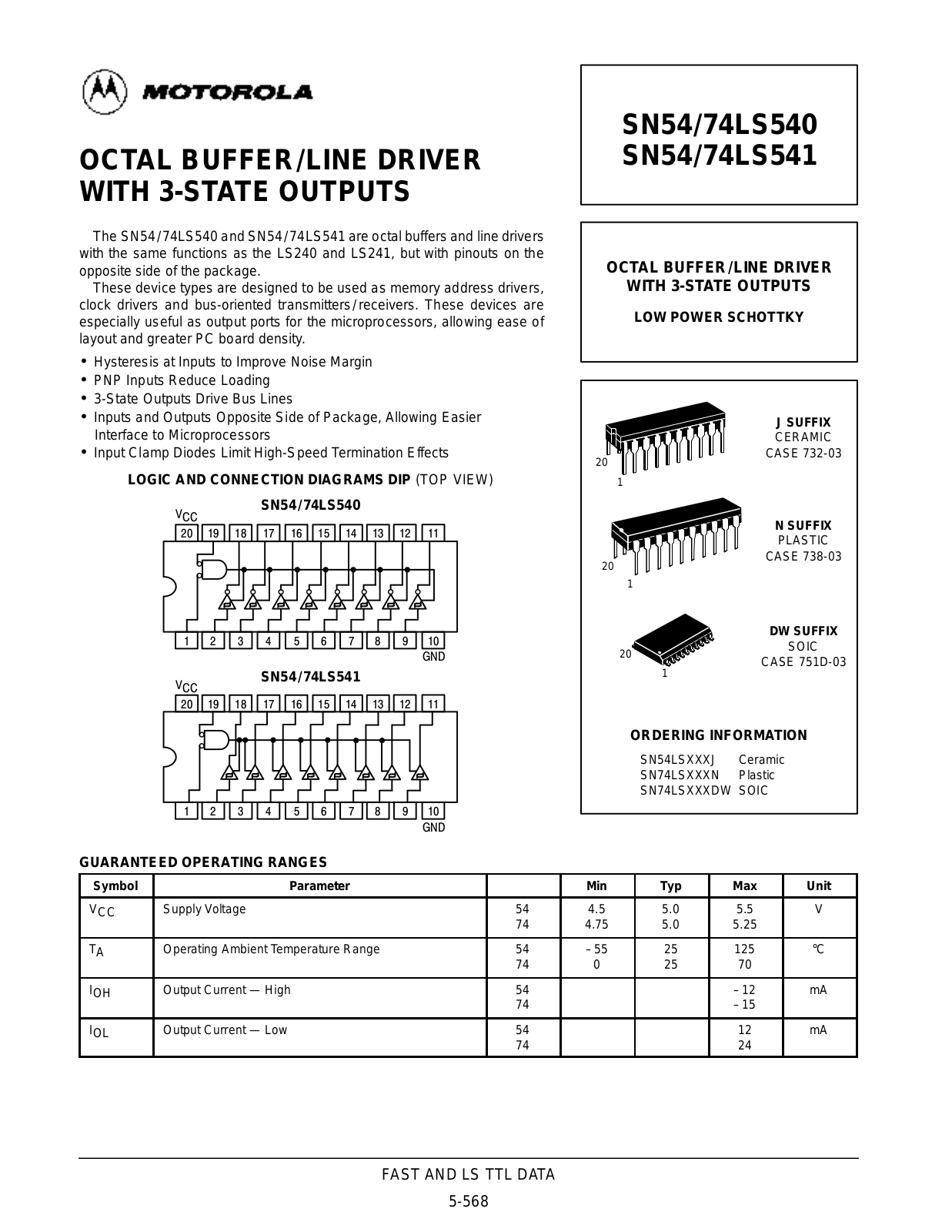 Motorola SN54LS541J, SN54LS540J, SN74LS540DW, SN74LS540N, SN74LS541DW Datasheet