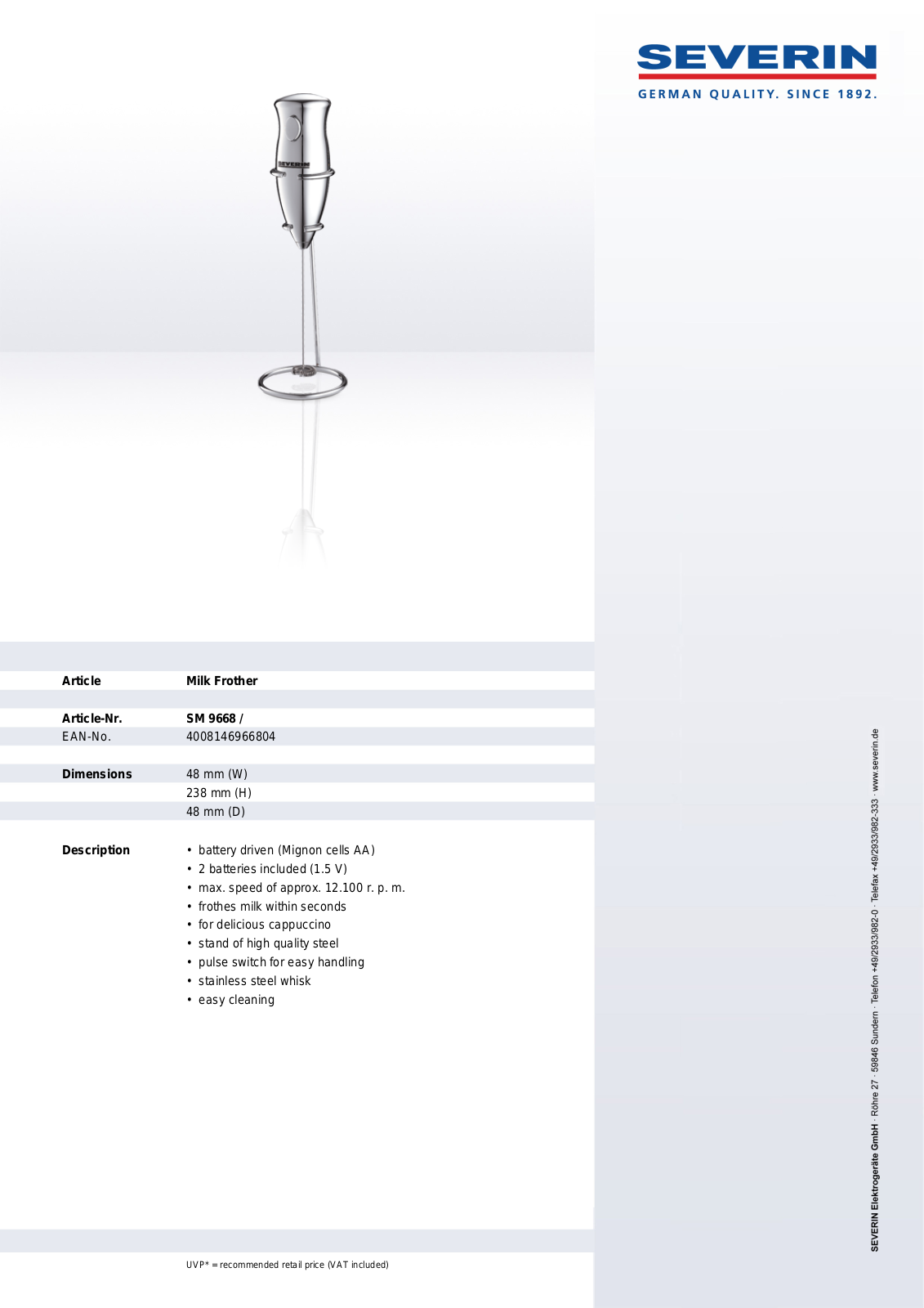 Severin MILK FROTHER, SM 9668 User Manual