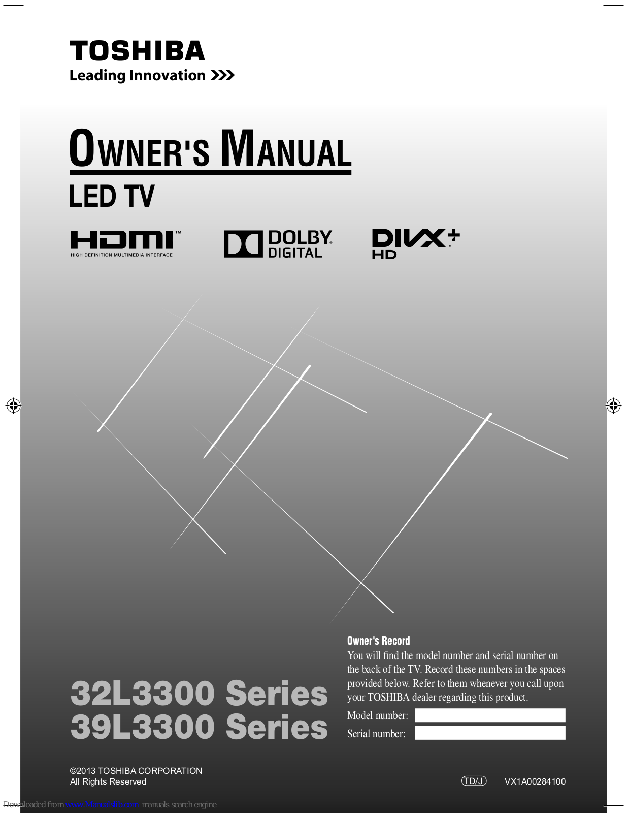 Toshiba 32L3300 Series, 39L3300 Series Owner's Manual