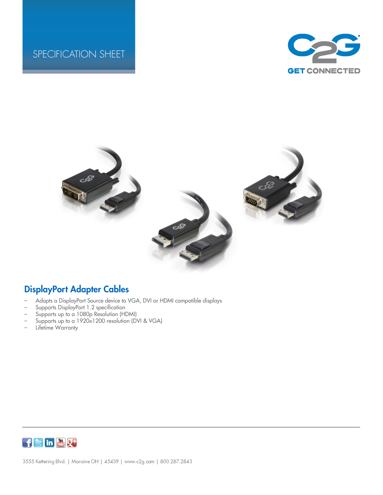 Cables To Go DisplayPort Adapter Cables Specifications