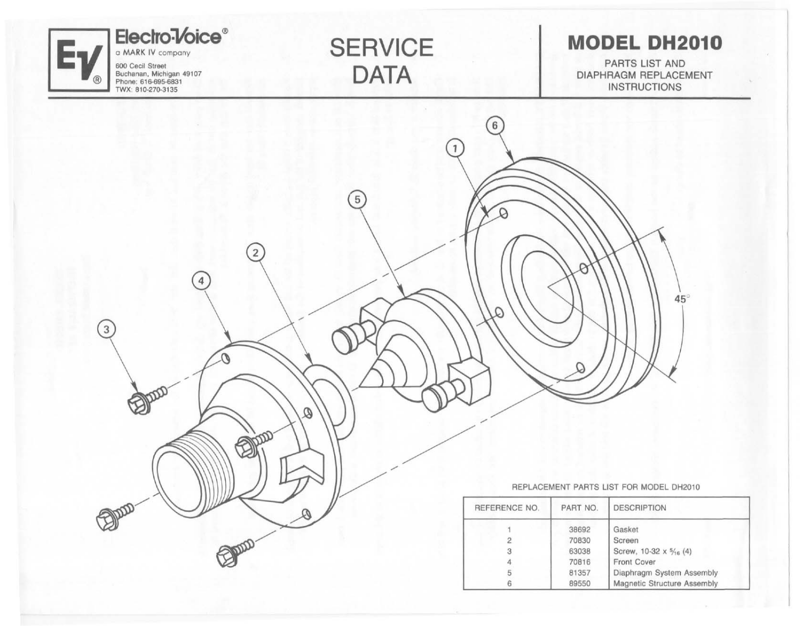 Electro-voice DH2010 SERVICE DATA