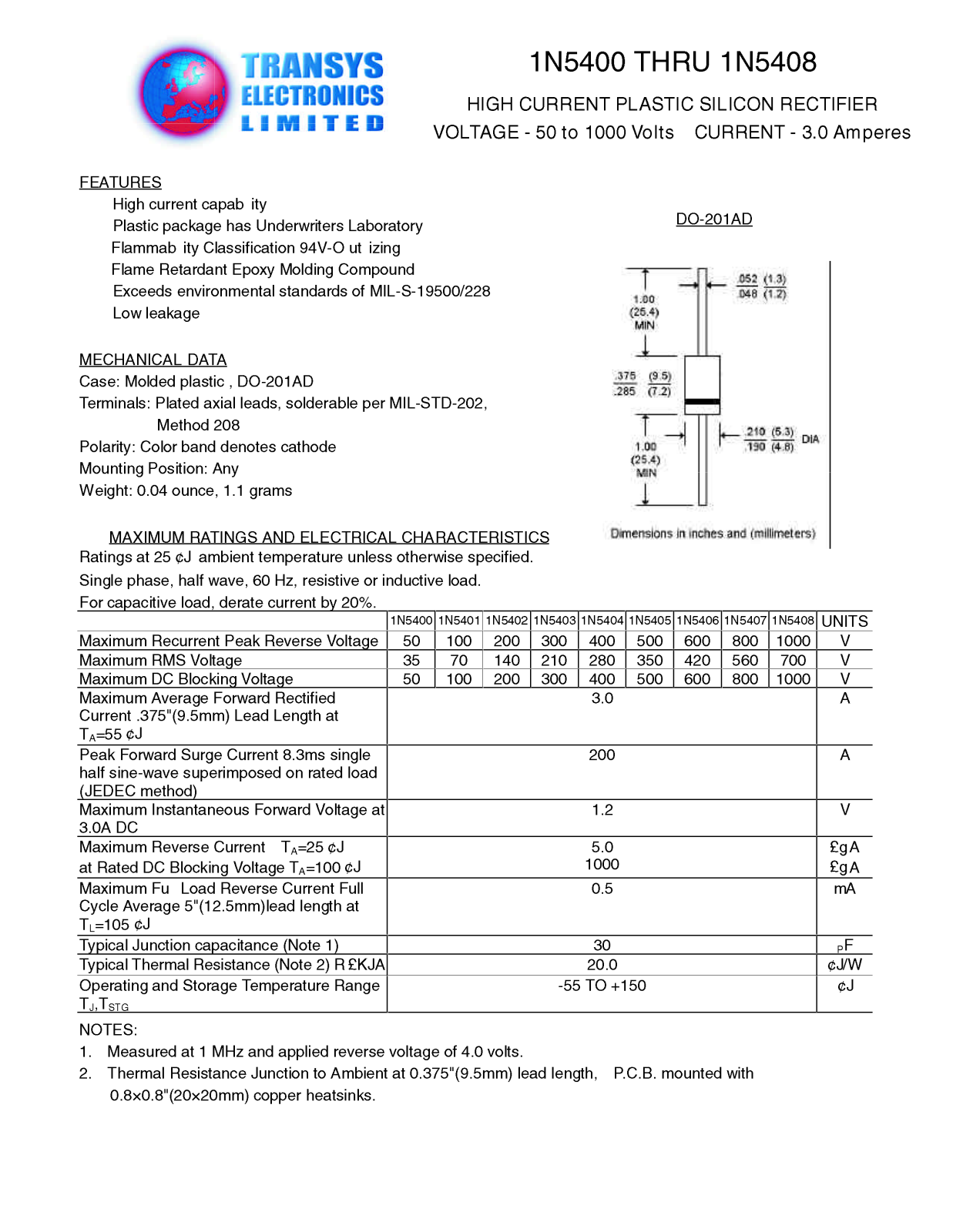 TEL 1N5408, 1N5408, 1N5407, 1N5407, 1N5405 Datasheet