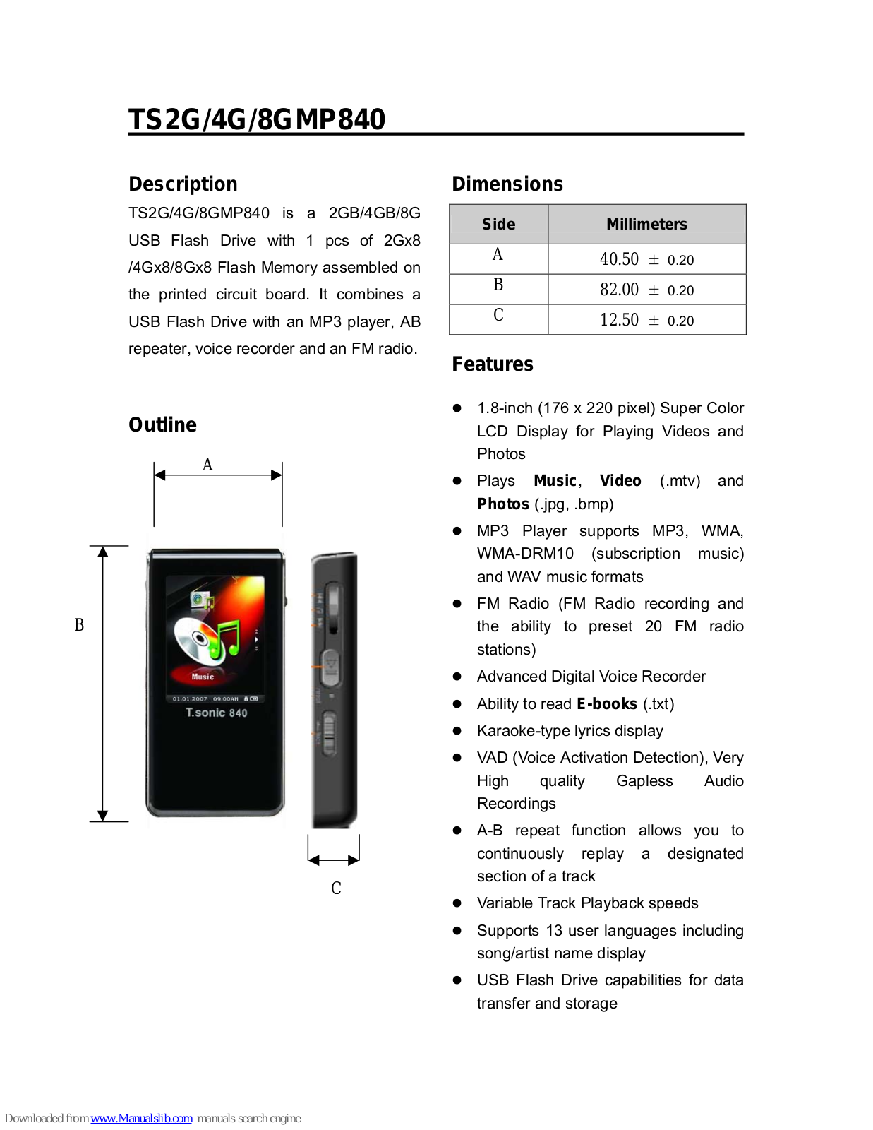 Transcend Tsonic 840 2GB, Tsonic 840, TS2GMP840, TS4GMP840, TS8GMP840 Specifications