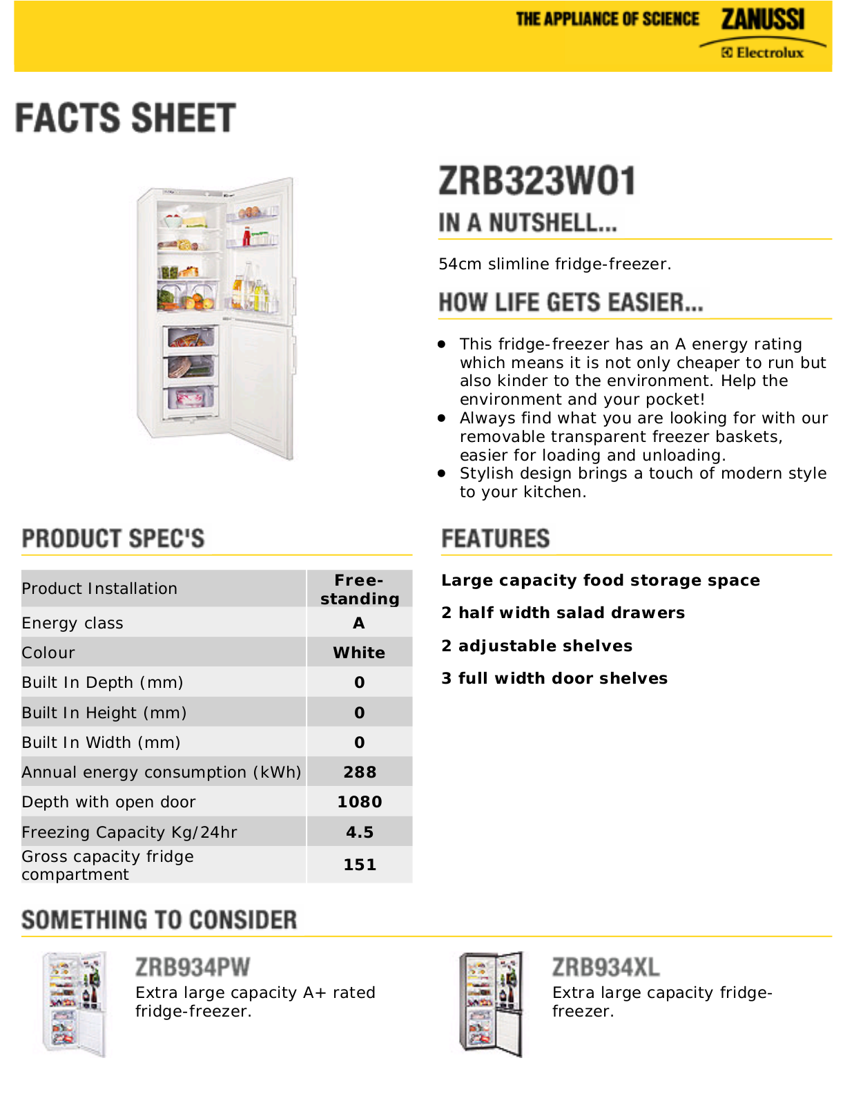 Zanussi ZRB323WO1 Datasheet