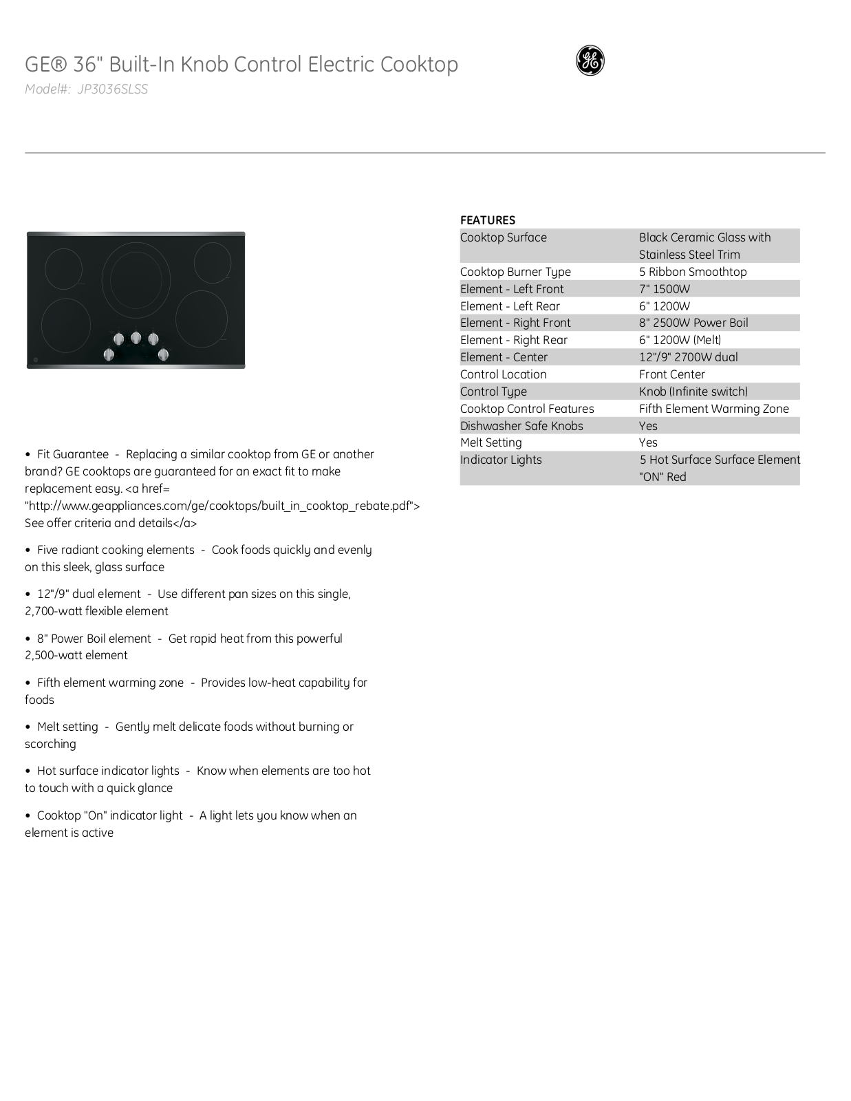 GE JP3036SLSS Specifications