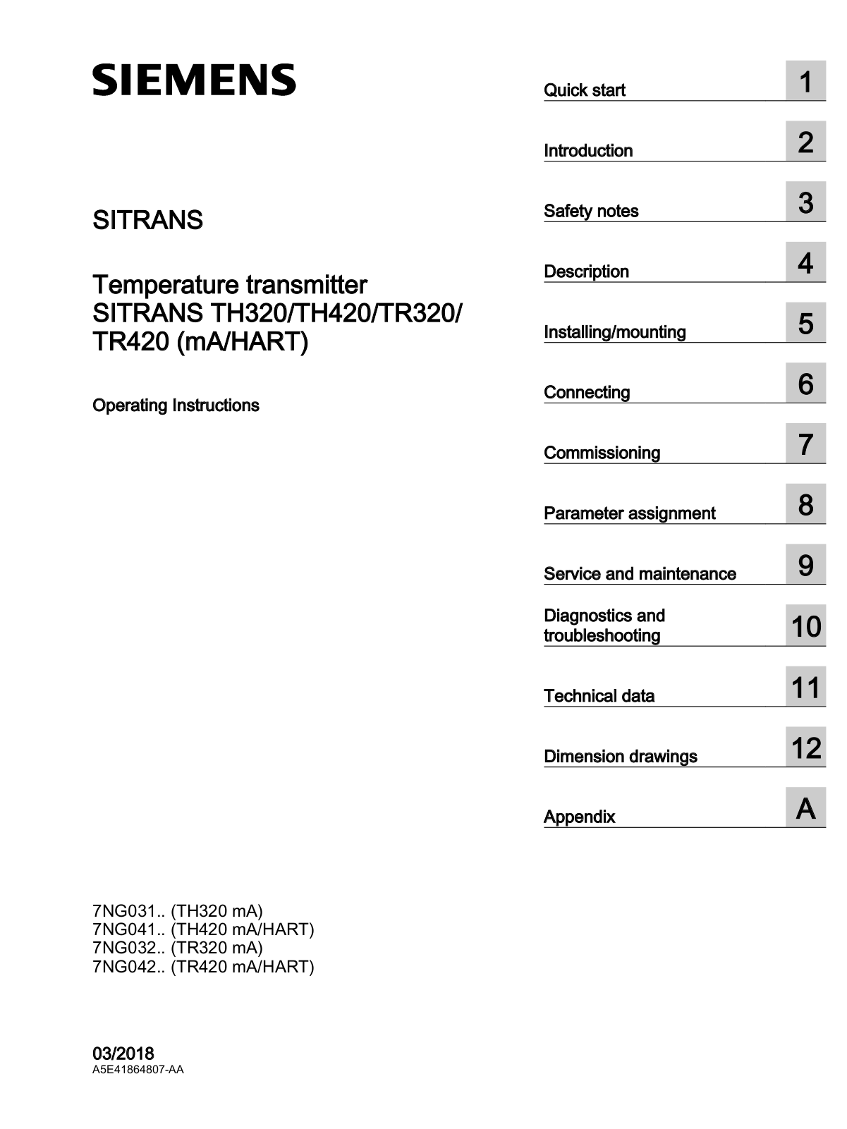 Siemens SITRANS TH320, SITRANS TH420, SITRANS TR320, SITRANS TR420 Operating Instructions Manual