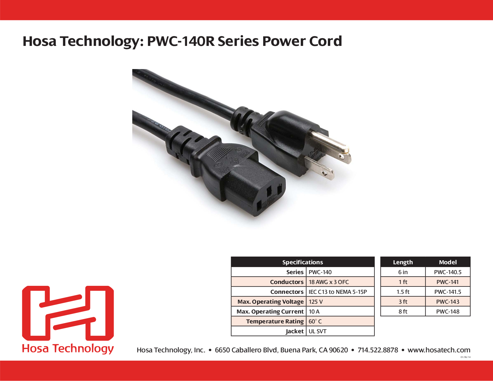 Hosa PWC148-TWO-K, PWC148-THREE-K, PWC-143, PWC-148, PWC-140.5 Specifications