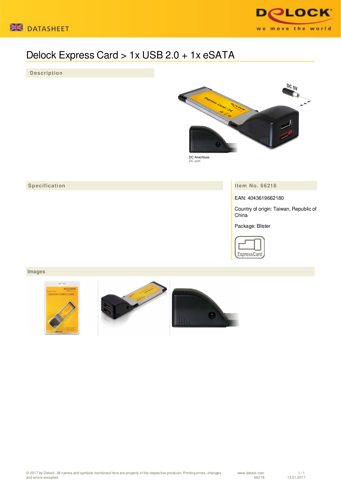 DeLOCK 1x eSATA-1x USB 2.0, ExpressCard-34 User Manual