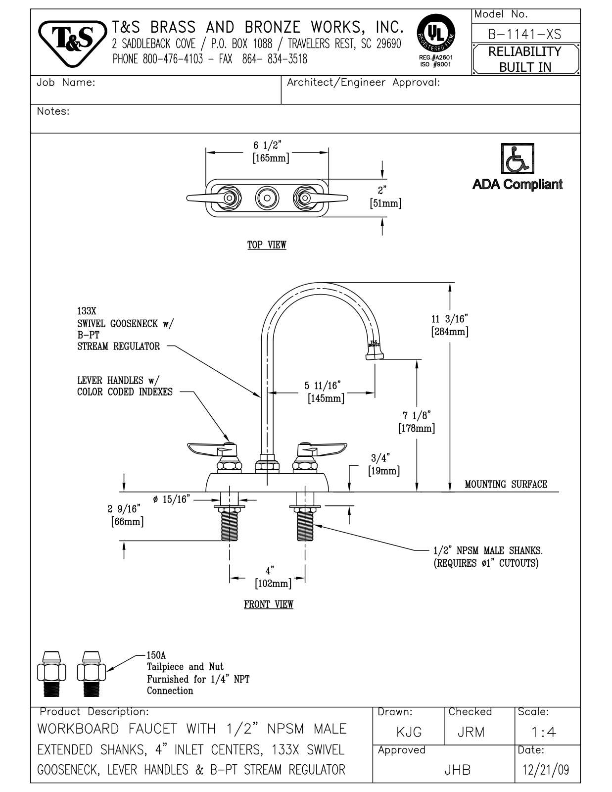 T & S Brass & Bronze Works B-1141-XS General Manual