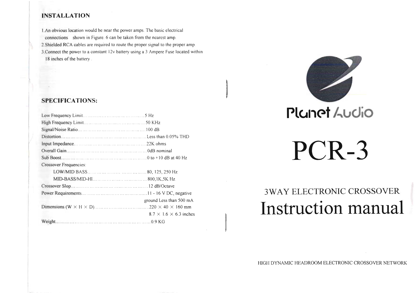 Planet Audio CR-3 Instruction Manual