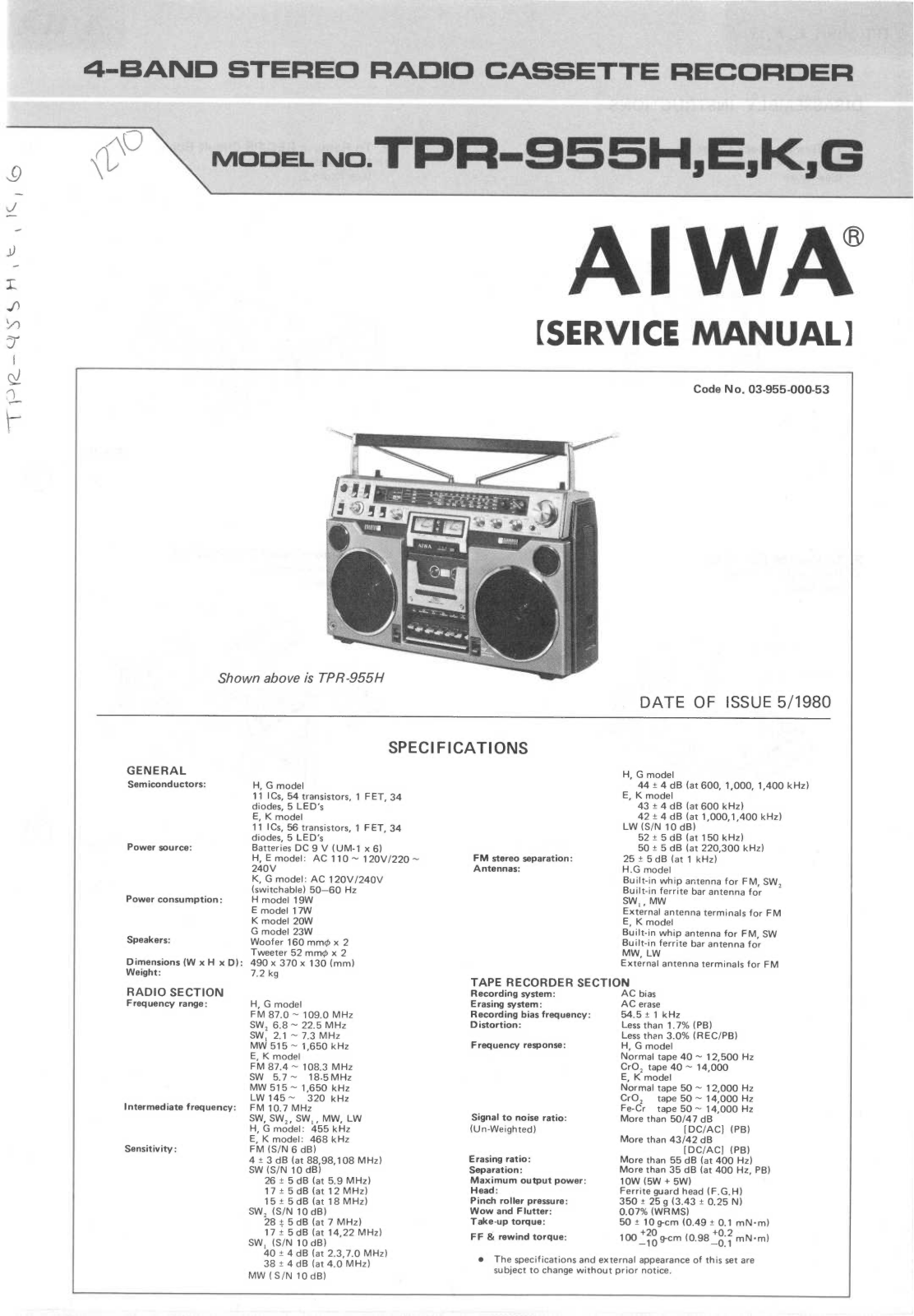 Aiwa TPR-955H, TPR-955E, TPR-955K, TPR-955G Service Manual