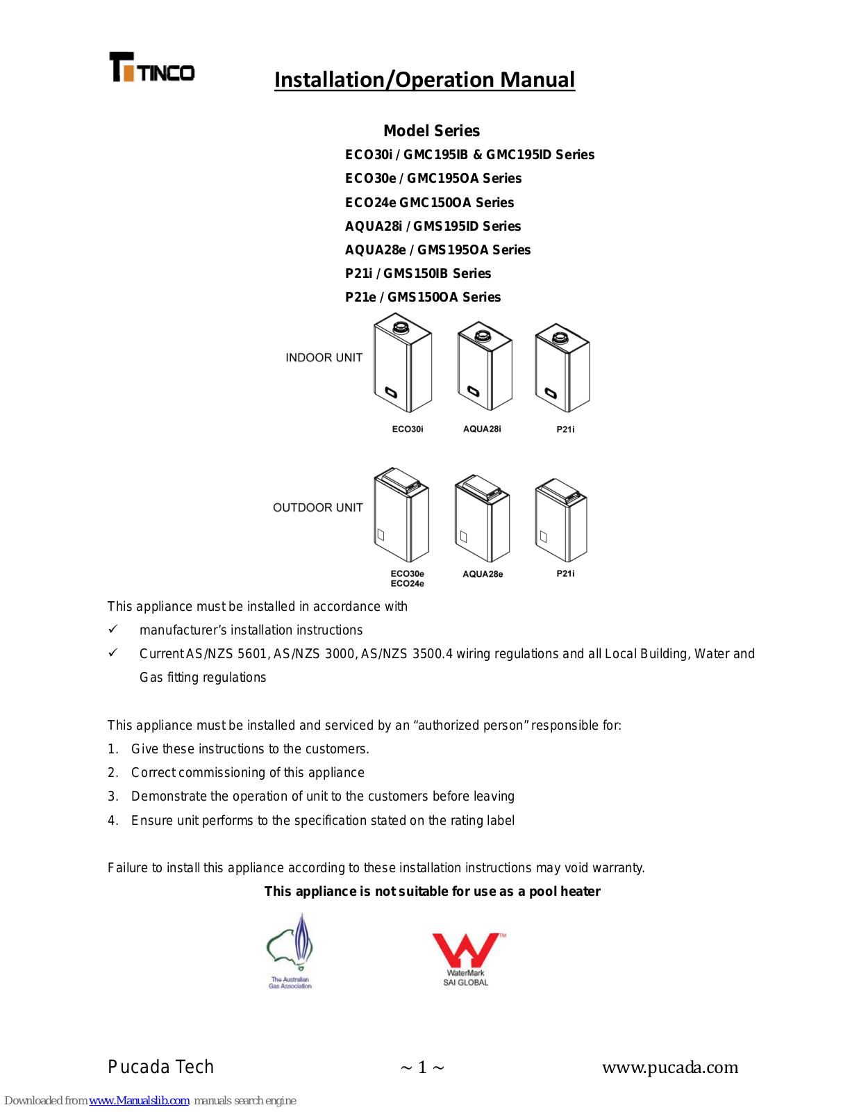 Tinco GMC195ID, ECO30i, GMC195OA, ECO24e, GMC150OA Installation And Operation Manual