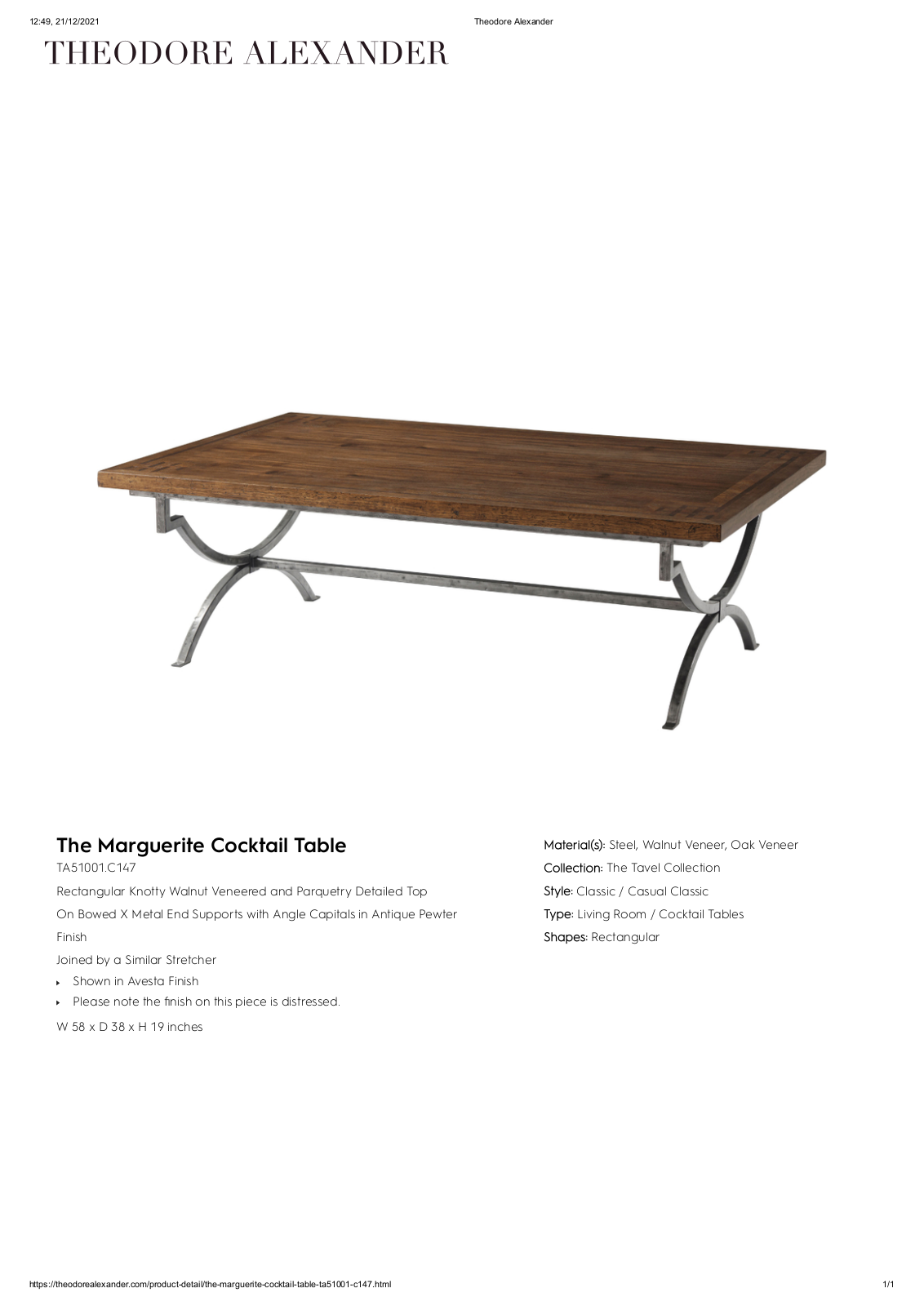 Theodore Alexander FPLJ3942 Specifications - ManualMachine.com