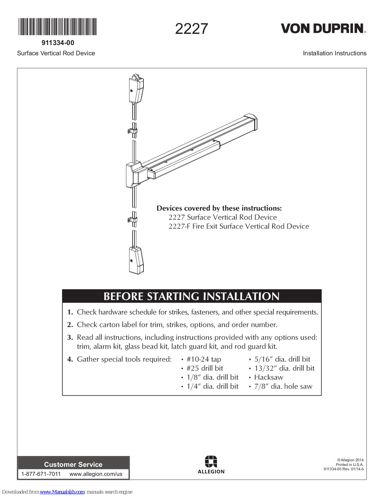 Von Duprin 2227, 2227-F Installation Instructions Manual