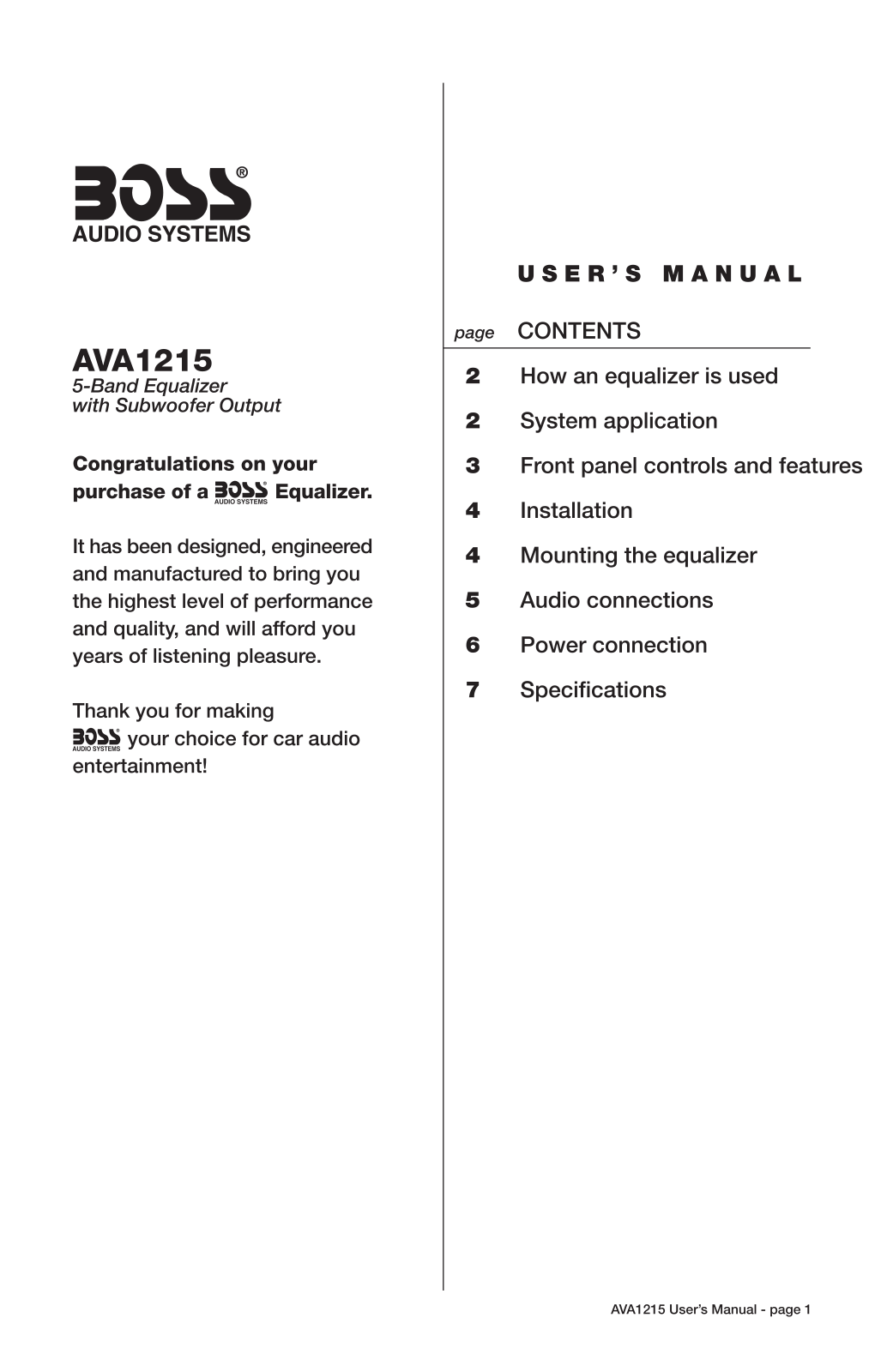 Boss Audio AVA1215 Owner Manual