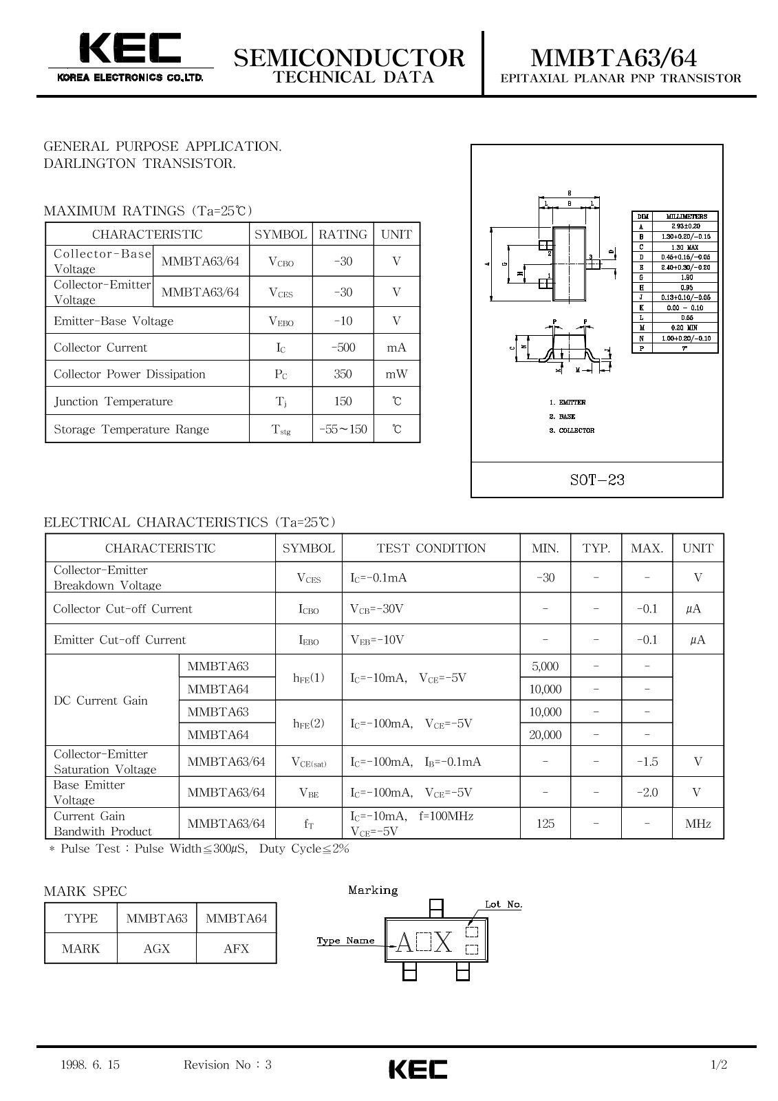 KEC MMBTA64, MMBTA63 Datasheet