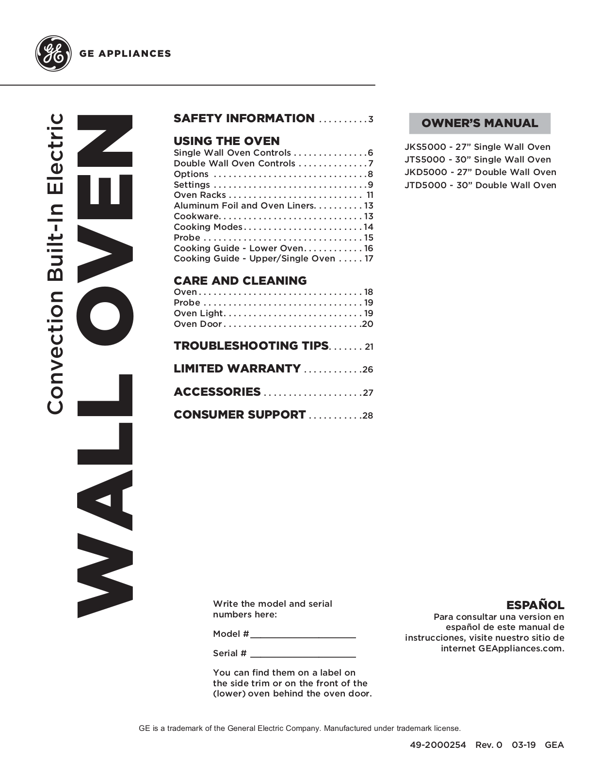 GE JTS5000SN1SS, JTS5000FN1DS, JTS5000EN1ES, JTS5000DN1WW, JTS5000DN1BB Owner’s Manual