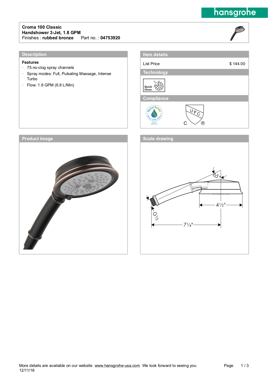 Hansgrohe GCDC1030 Specifications