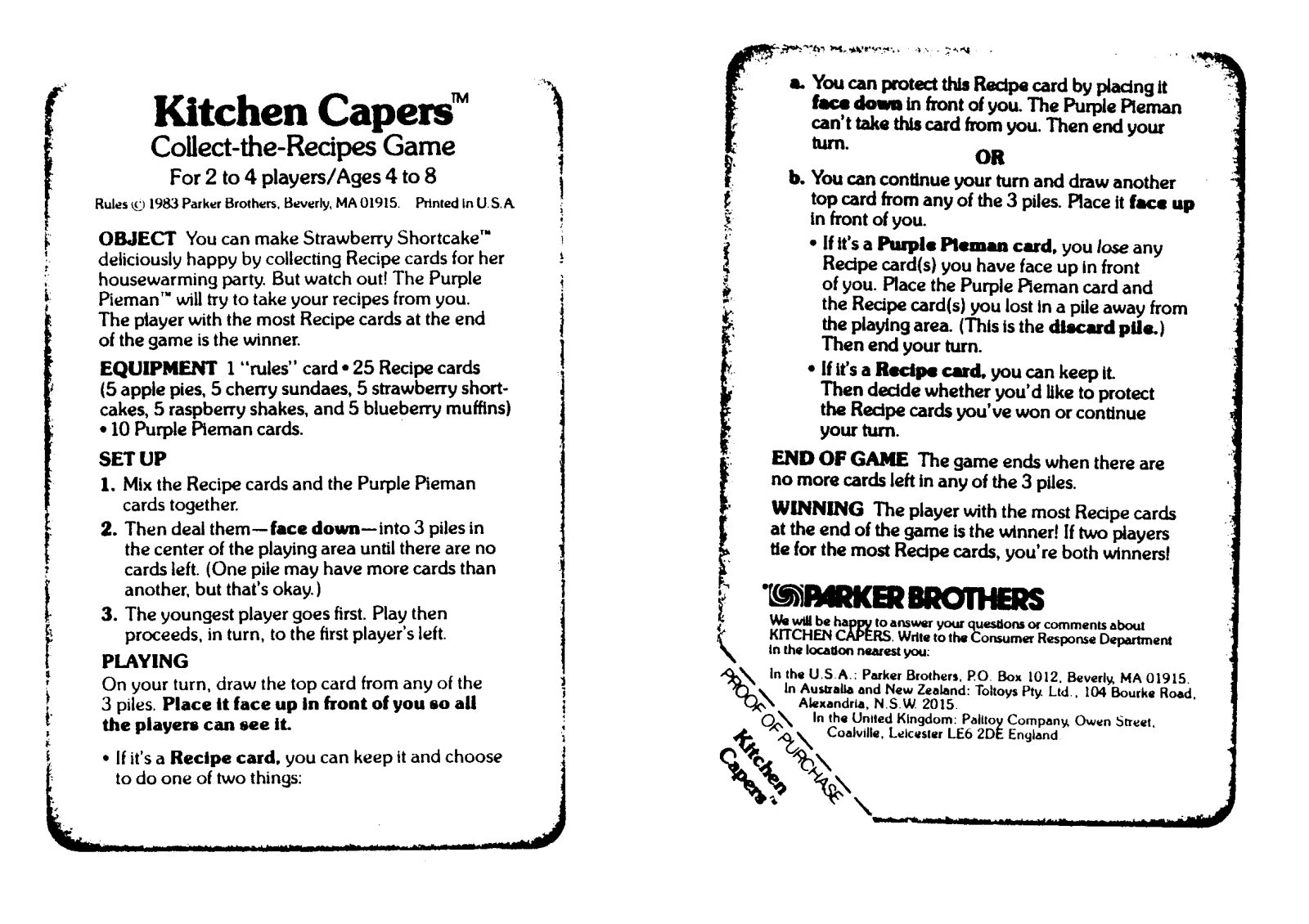 Hasbro KITCHEN CAPERS User Manual