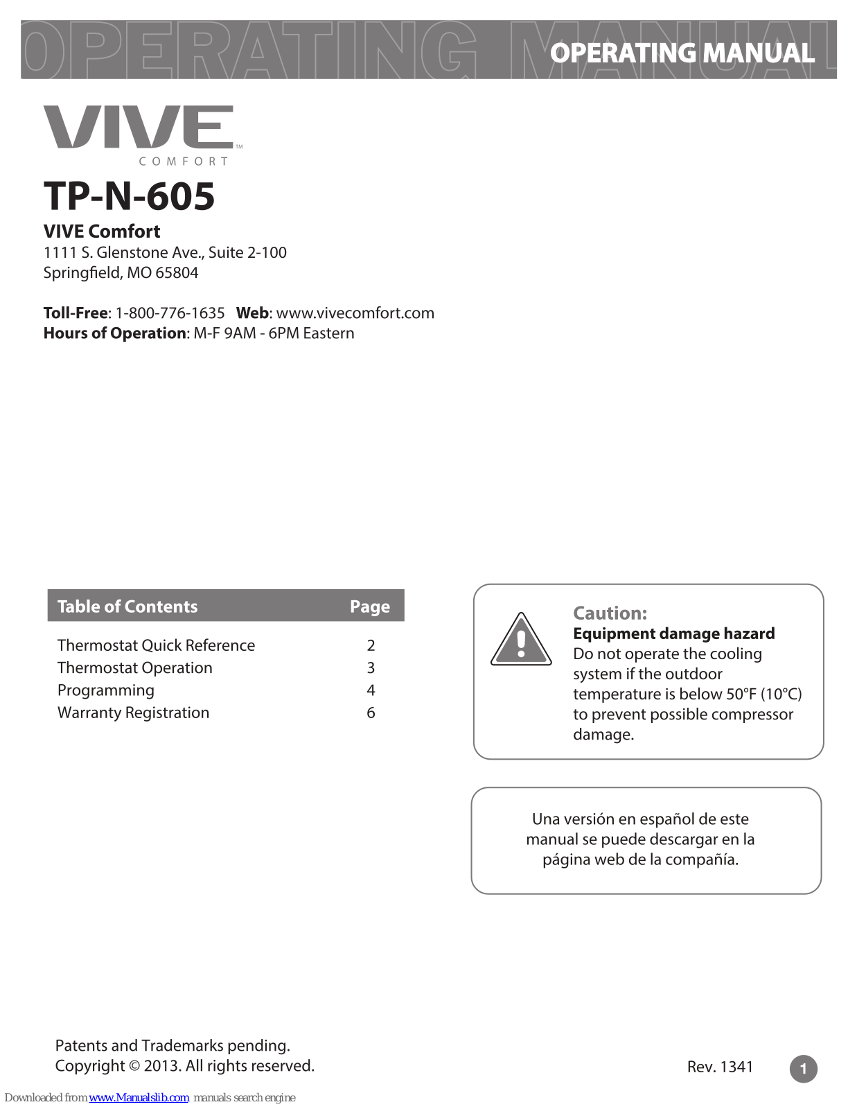 Vive Comfort TP-N-605 Operating Manual