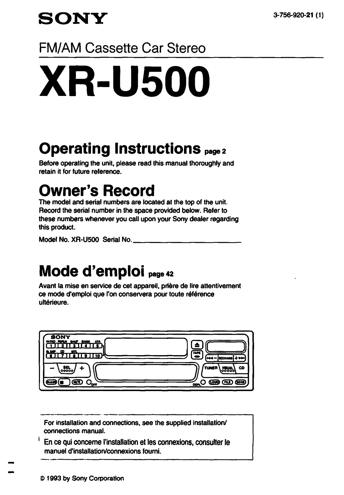 Sony XR-U500 Operating Manual