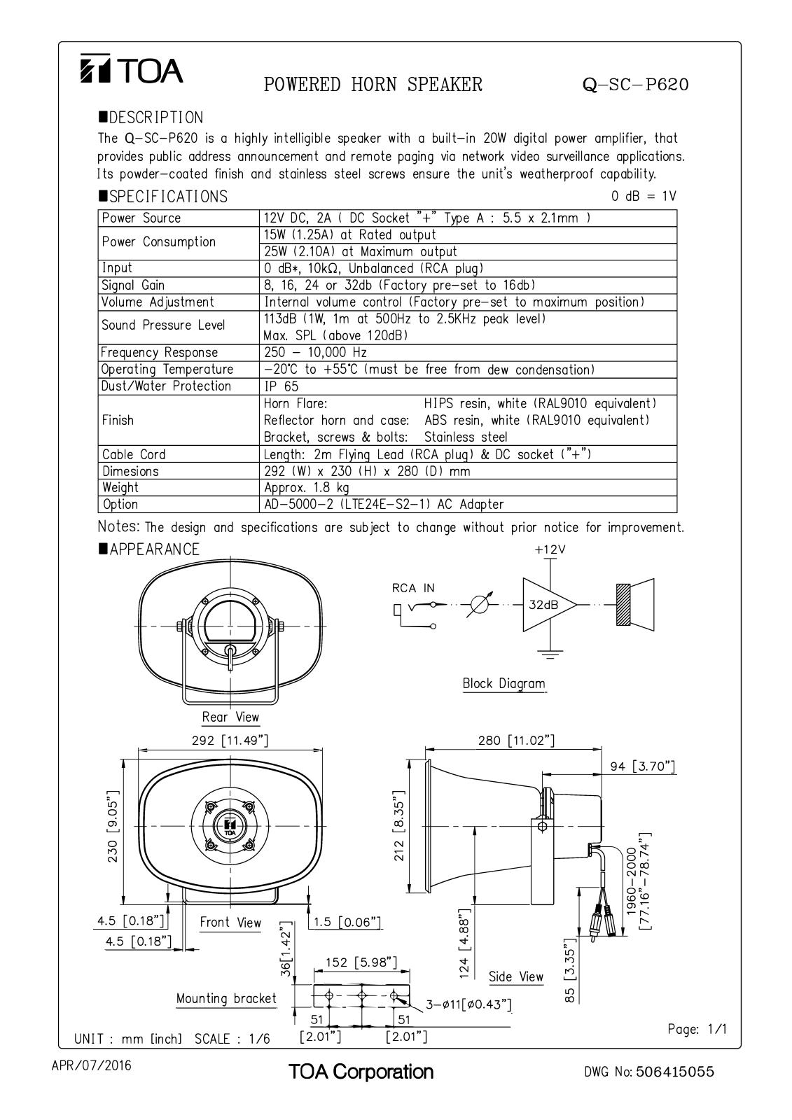 TOA Q-SC-P620 User Manual