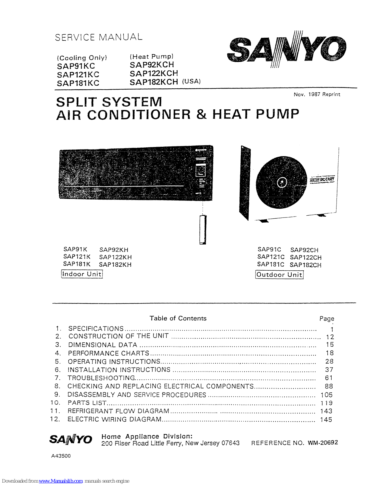 Sanyo SAP121KC, SAP182KCH, SAP181KC, SAP92KCH, SAP122KCH Service Manual