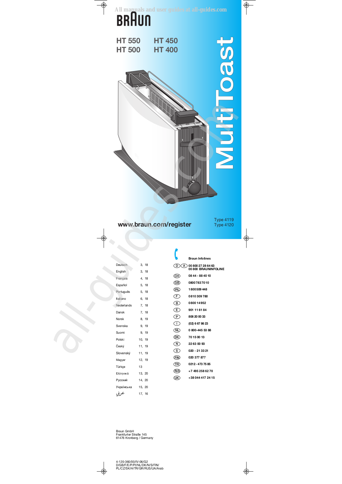 Braun MultiToast, MultiToast HT 450, MultiToast HT 500, MultiToast HT 550, MultiToast HT 400 Series Manual