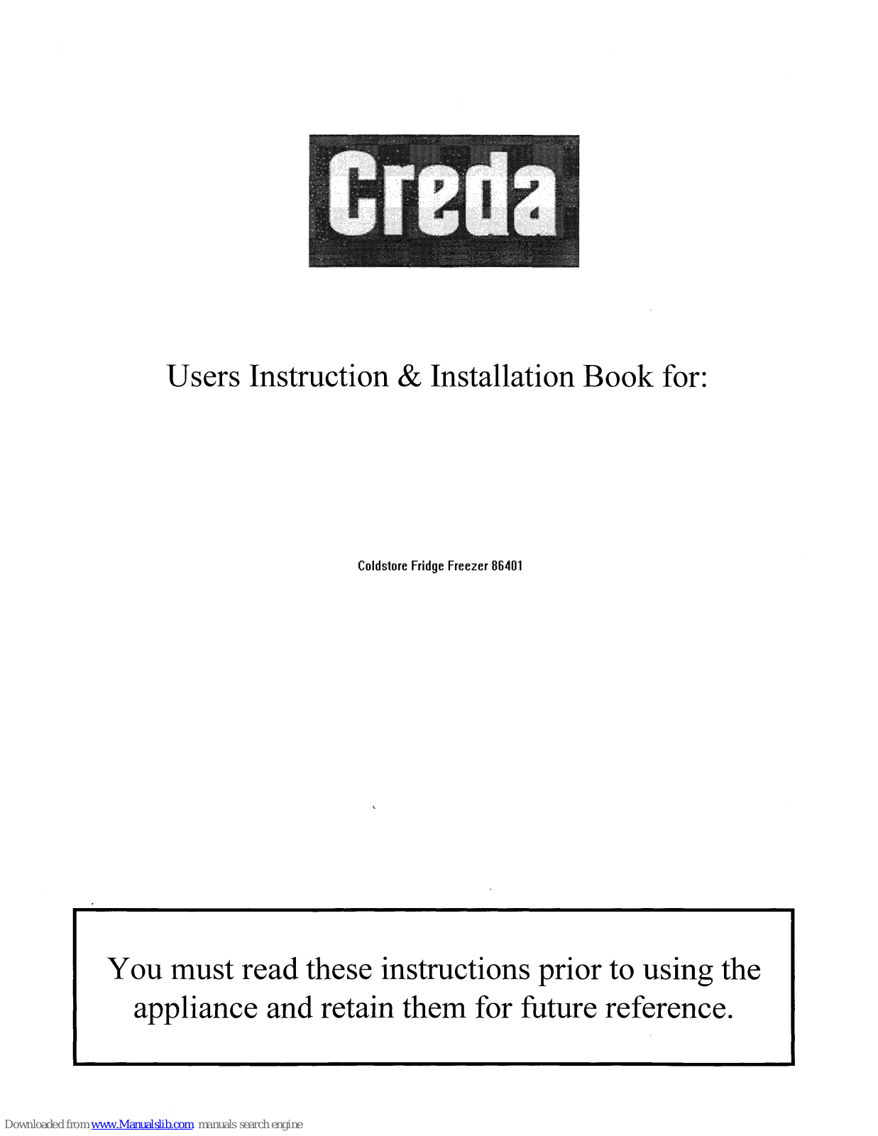 Creda Coldstore 86401 Instruction And Installation Book