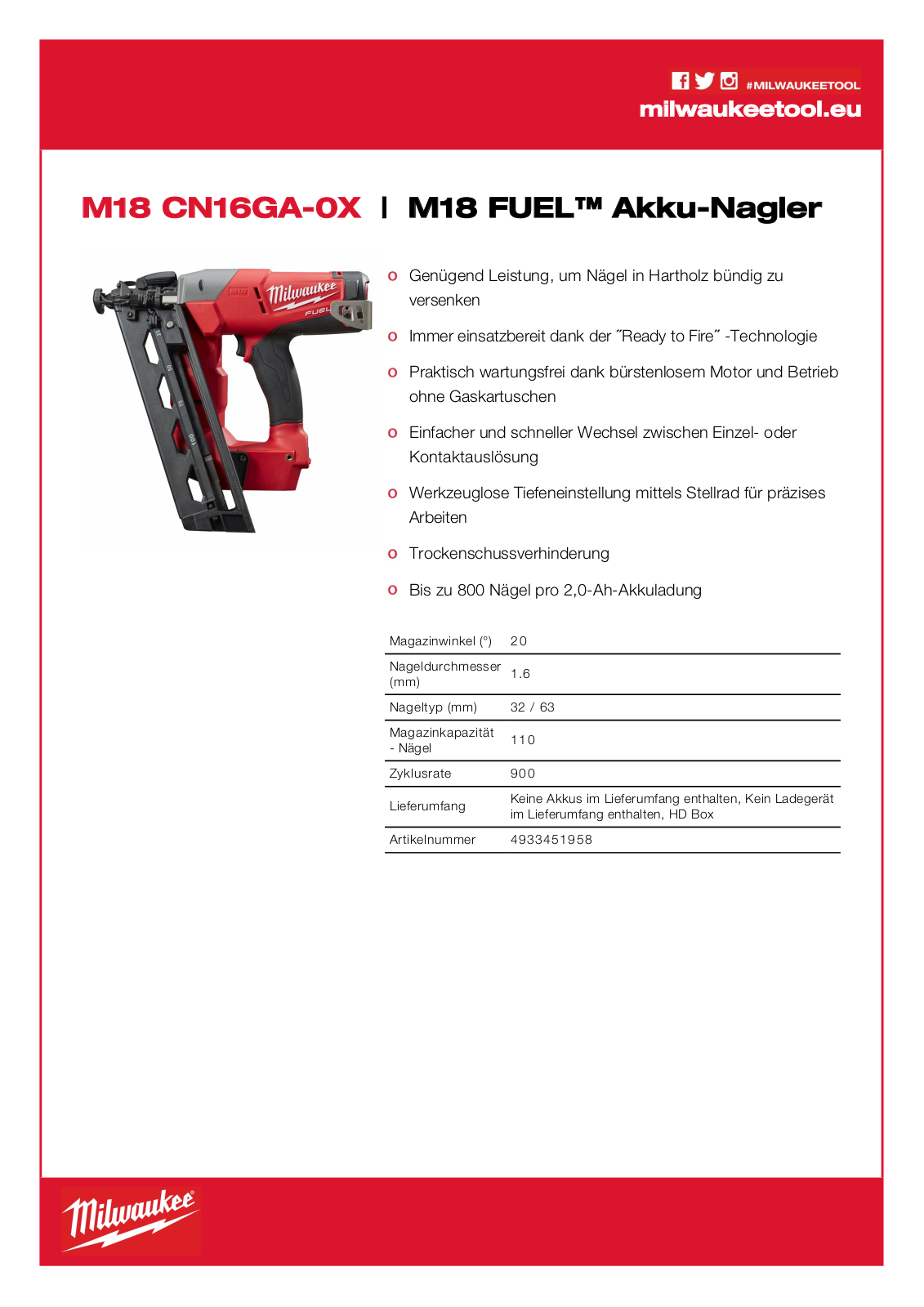 Milwaukee M18 CN16GA-0X Technical data