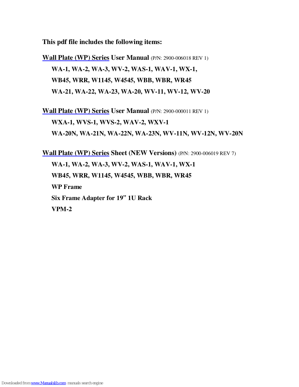 Kramer WAS-1, WAV-1, WB45, WX-1, WRR User Manual