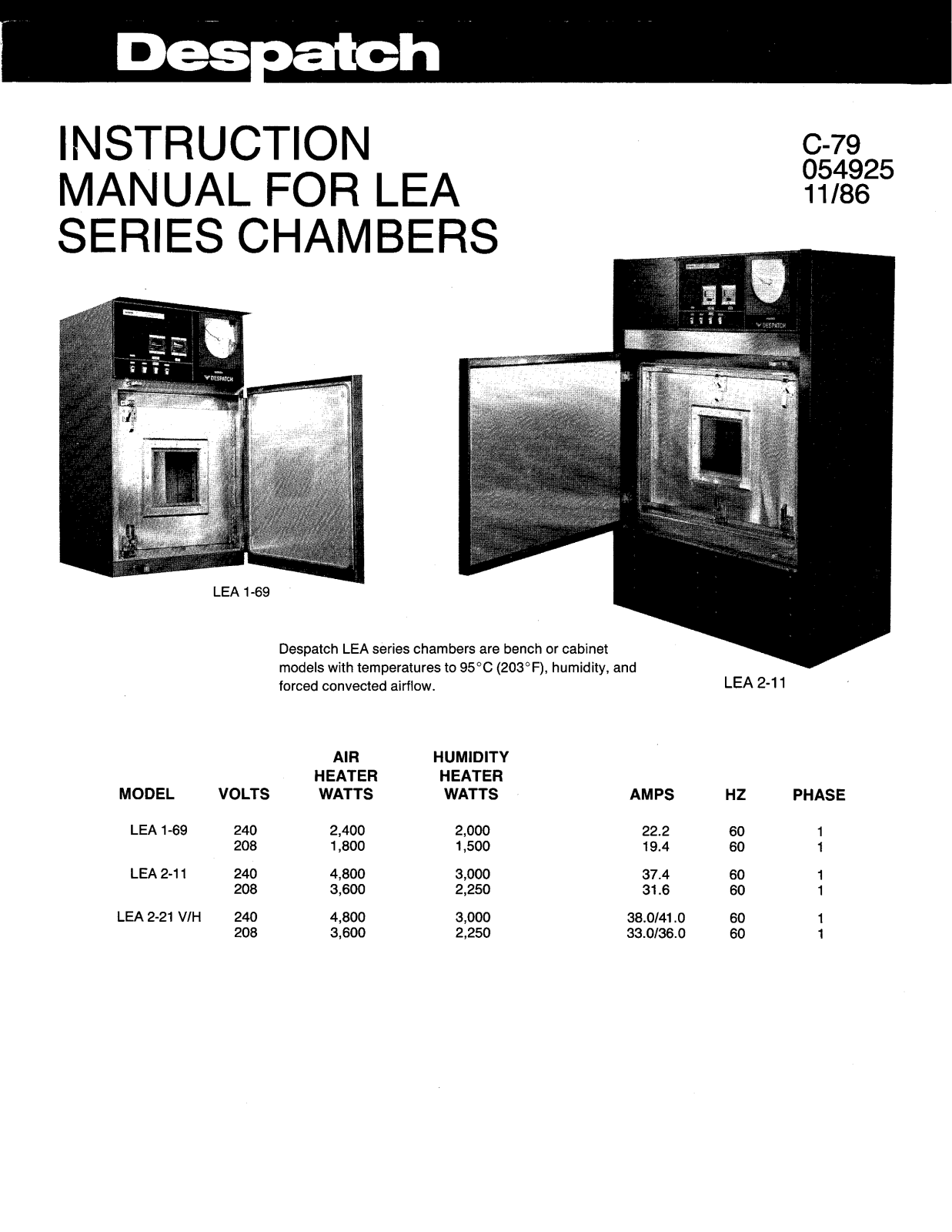 Despatch LEA 2-21 V-H, LEA 2-11 Installation  Manual