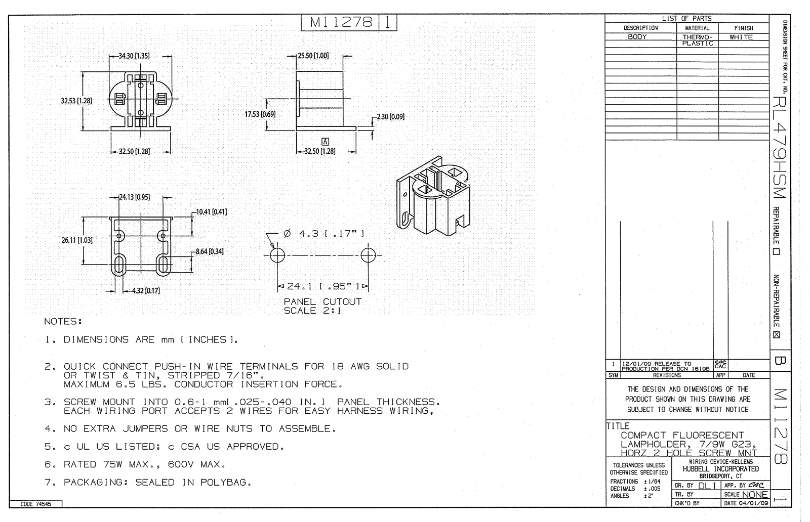 Hubbell RL479HSM Reference Drawing