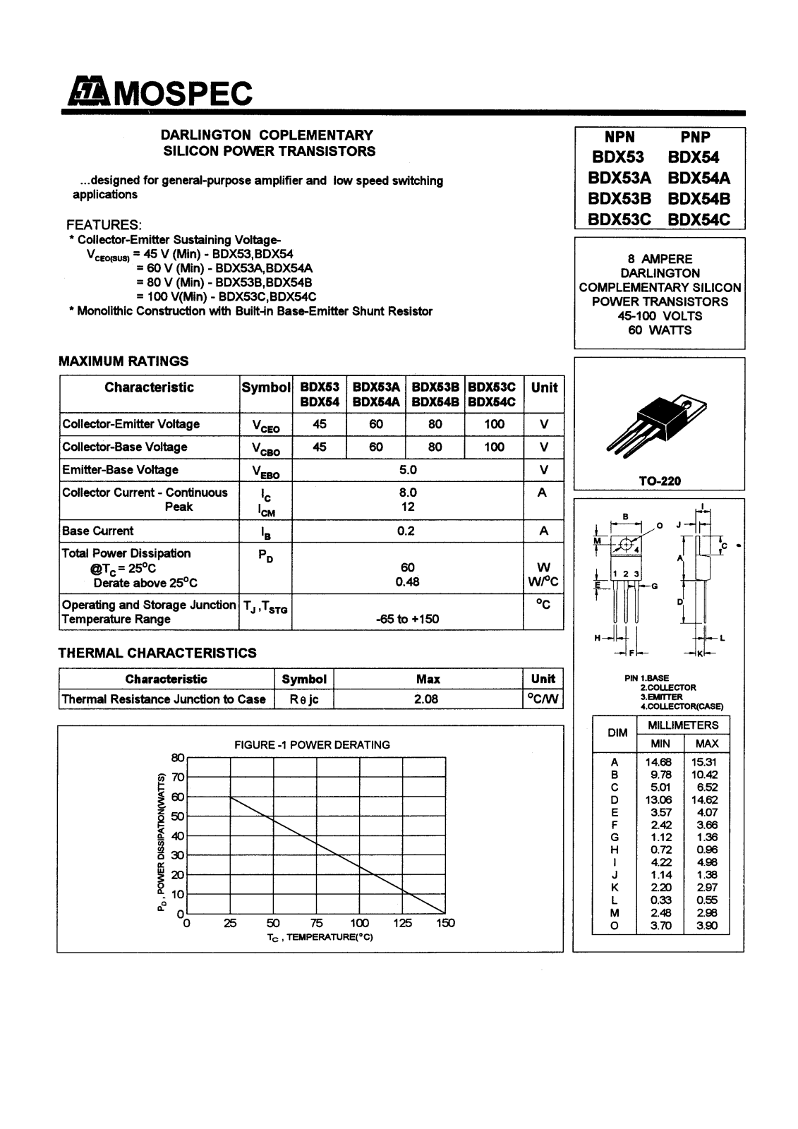 MOSPEC BDX54B, BDX54A, BDX54C, BDX53A, BDX53 Datasheet