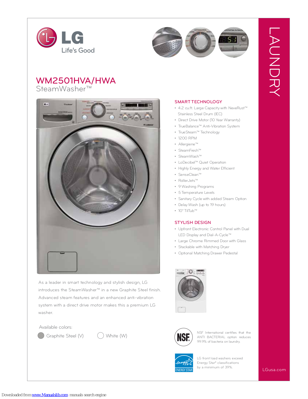 LG WM2501H, SteamWasher WM2501HVA, SteamWasher WM2501HWA Specifications