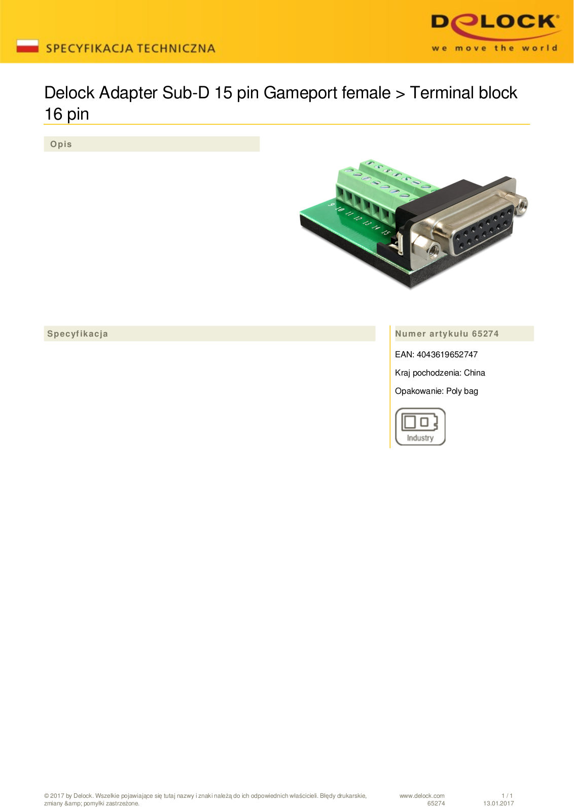 DeLOCK Gameport on 16-Pin Terminalblock User Manual