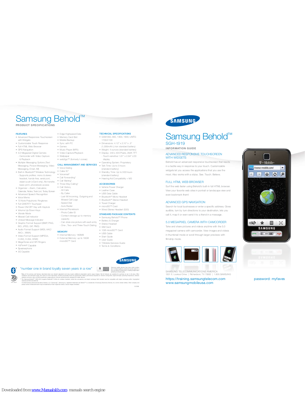 Samsung Behold SGH t919 Information Manual