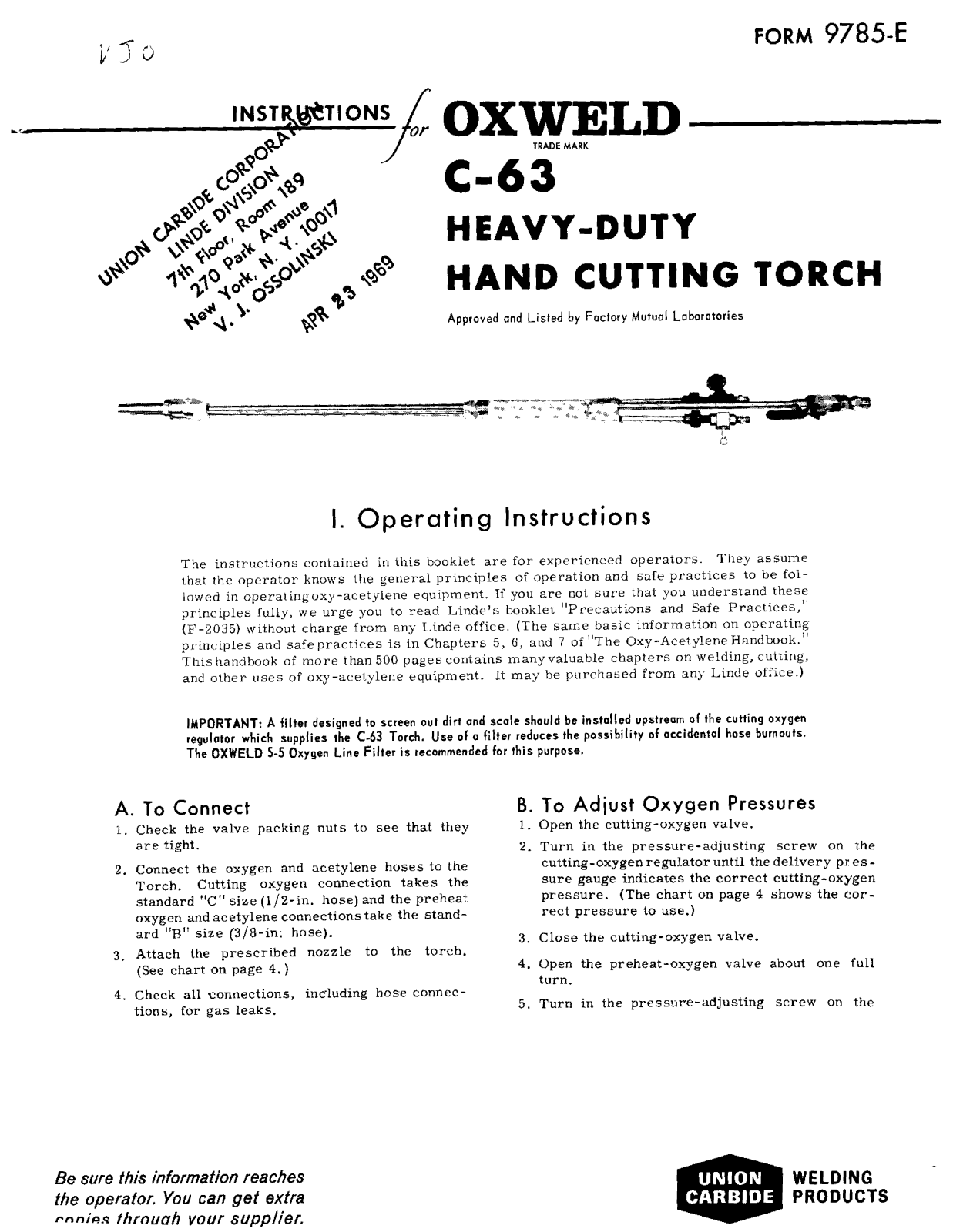 UNION CARBIDE OXWELD C-63 Heavy-Duty Hand Cutting Torch Troubleshooting instruction