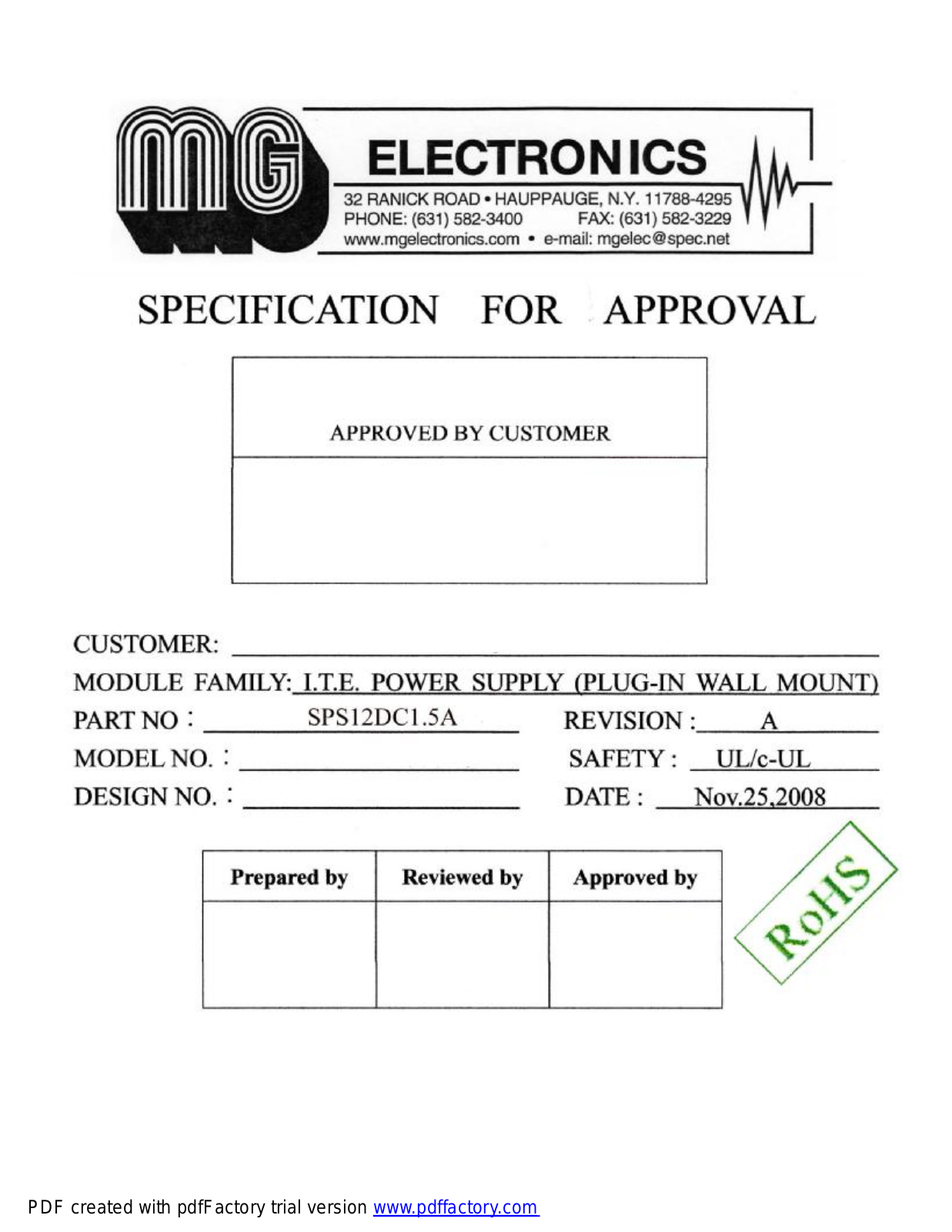 MG Electronics SPS-12DC1.5A Specsheet - ManualMachine.com
