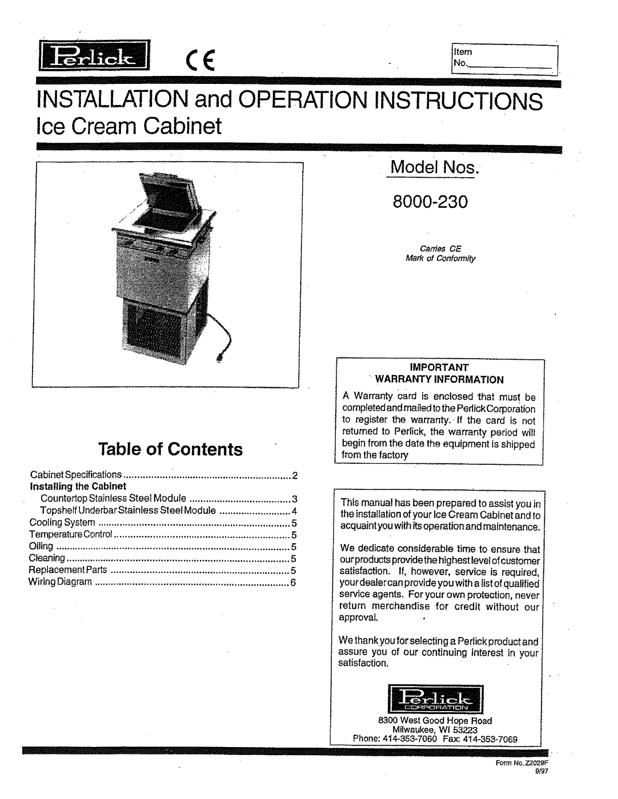 Perlick 8000-230 Service Manual