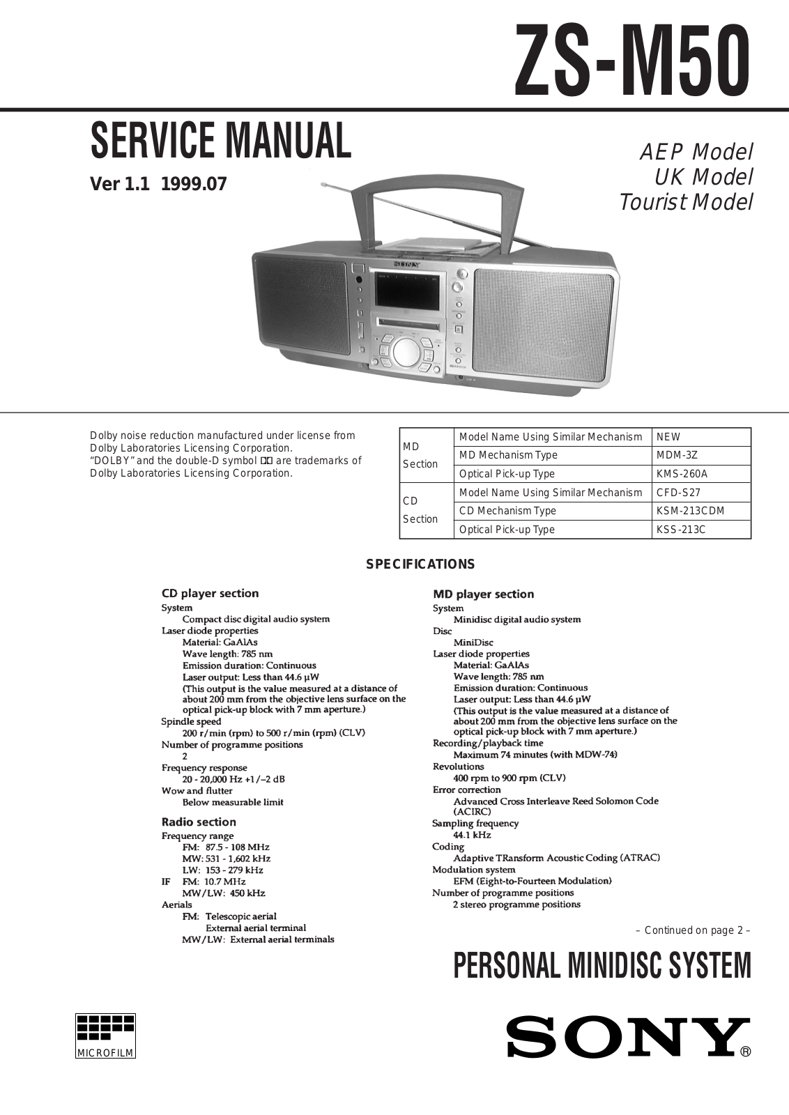 Sony ZS-M50 Service Manual