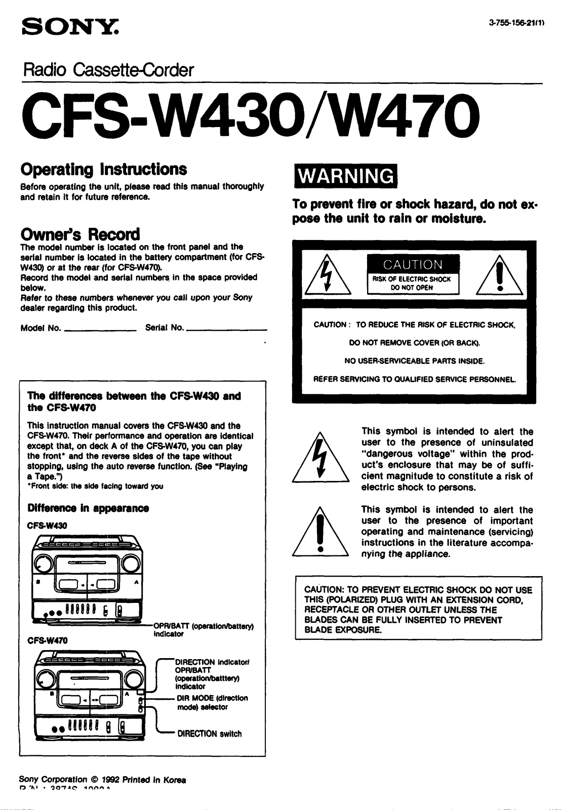 Sony CFS-W430, CFS-W470 Operating Manual