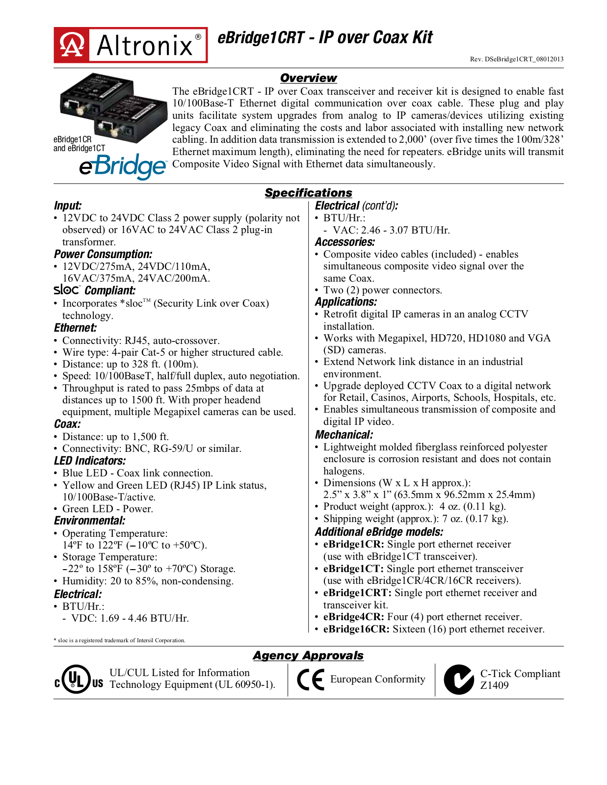 Altronix eBridge1CRT Data Sheet