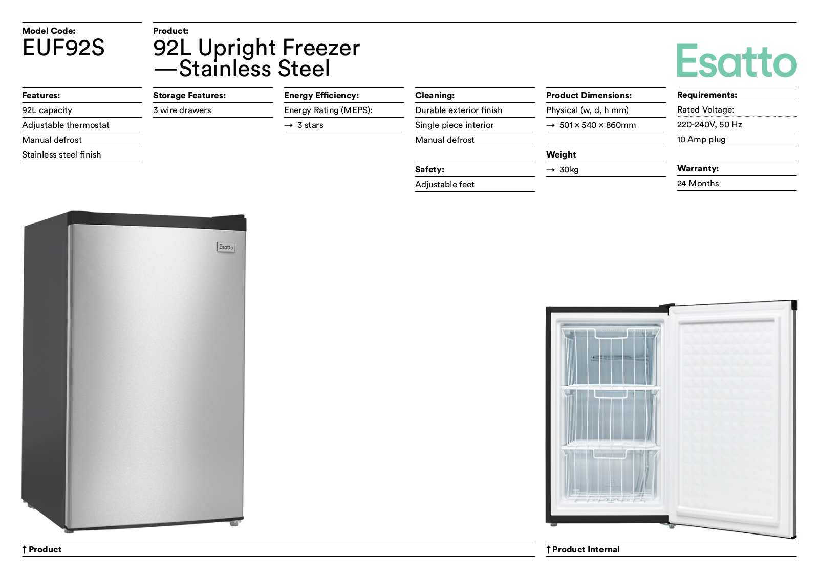 Esatto EUF92S Specifications Sheet