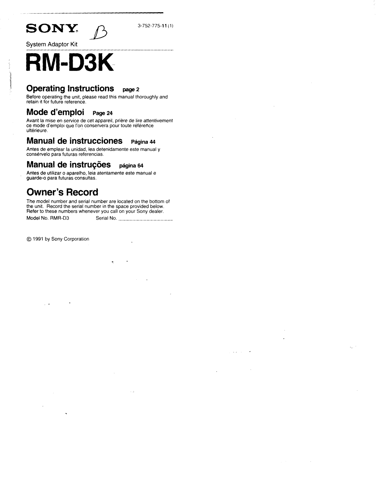 Sony RM-D3K Operating Manual