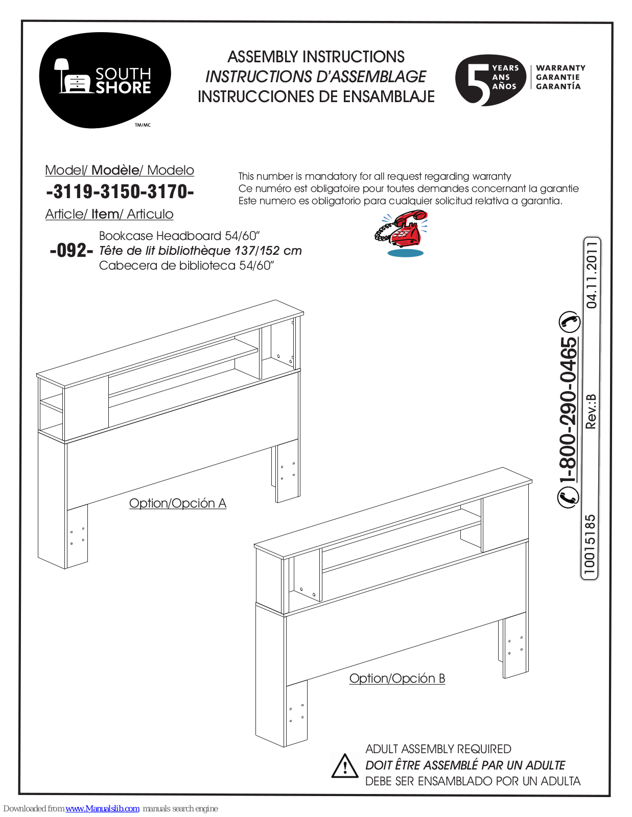 South Shore 3119, 3150, 3170 Assembly Instructions Manual