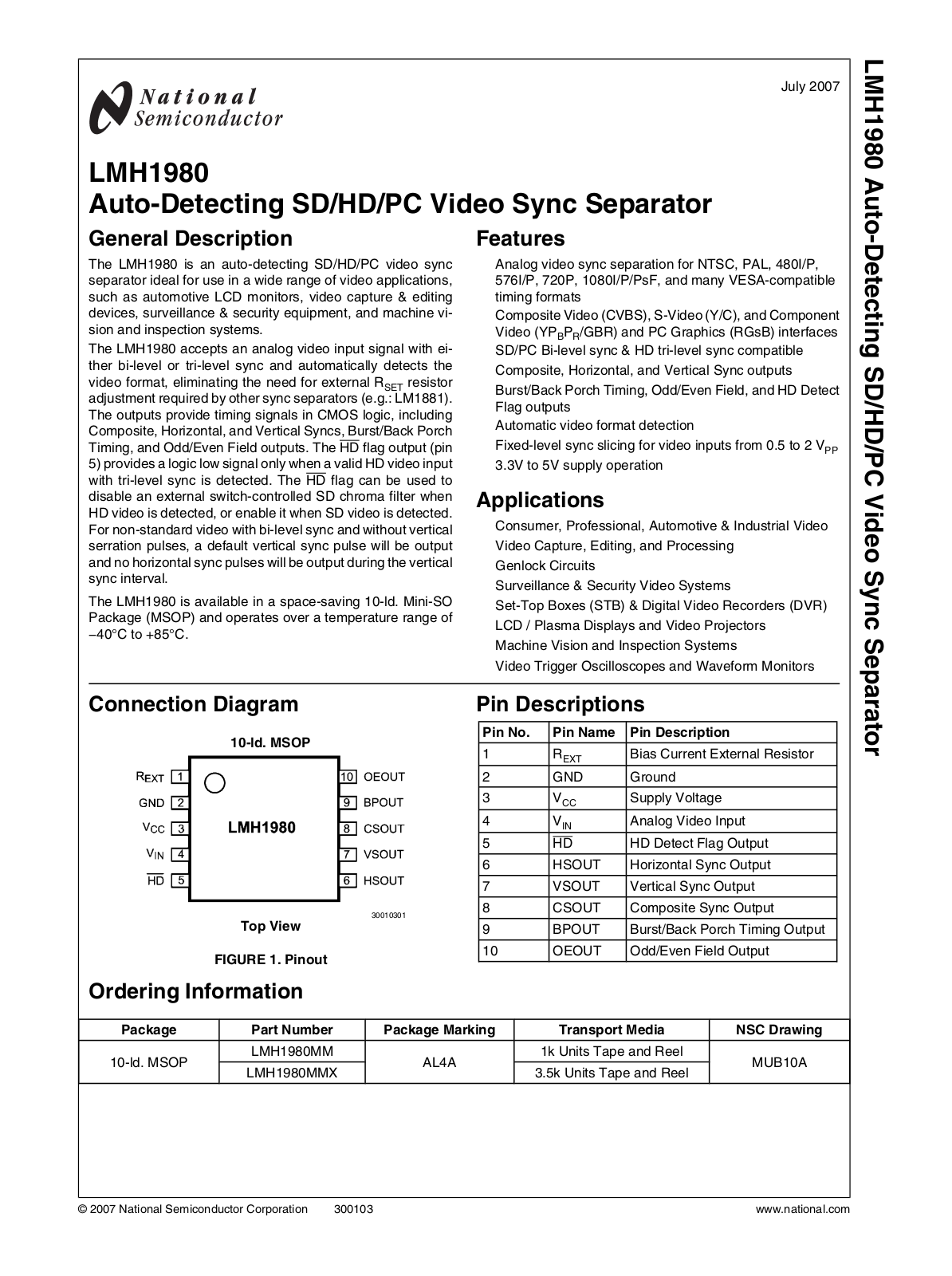 National Semiconductor LMH1980 Technical data