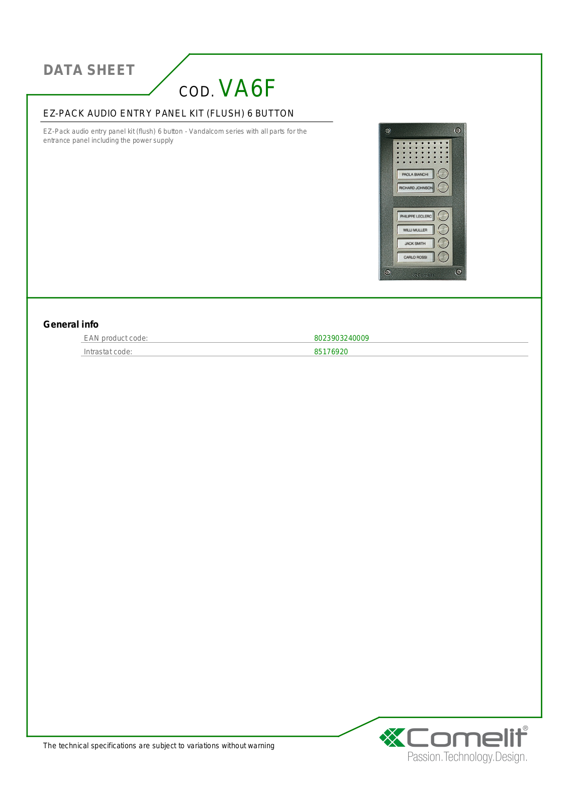 Comelit VA6F Specsheet