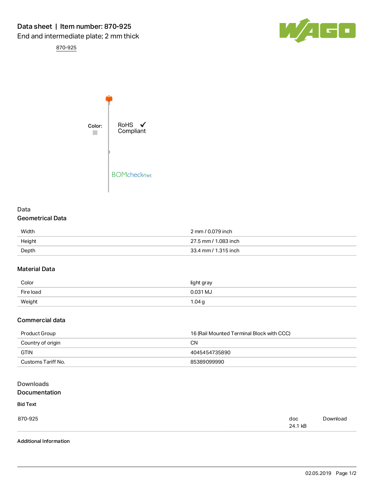 Wago 870-925 Data Sheet